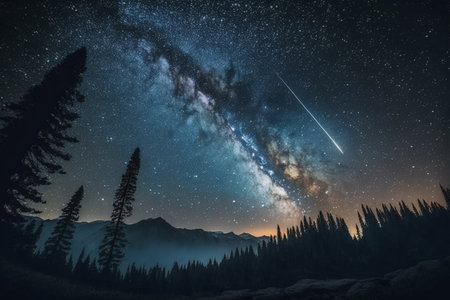 The night sky is a breathtaking sight with the Milky Way glowing above, casting reflections of stars on the mountains, creating a mesmerizing view. Generative AI.の素材
