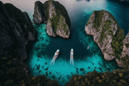 With a stunning sea view, two luxurious boats grace the sandy beach, creating a perfect vacation ambiance by the shore. Generative AI.の素材