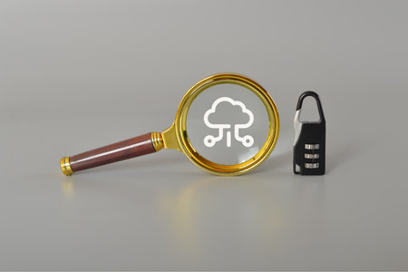 Padlock and magnifying glass with cloud computing symbol.の写真素材