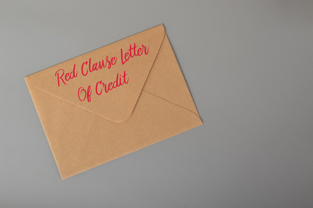 Brown envelope with text RED CLAUSE LETTER OF CREDIT.の写真素材