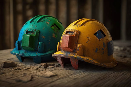Old and worn colorful construction helmets. Generative AIの素材