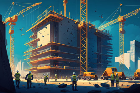 A building under construction buzzes with activity as workers diligently carry out their tasks at the construction site, creating a scene of bustling productivity. Generative AI.の素材