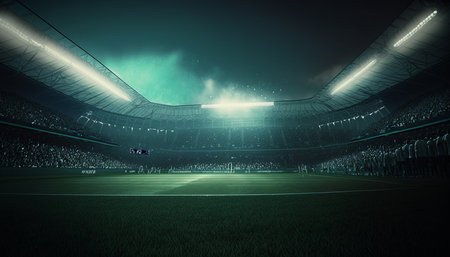 Picture a soccer stadium adorned with bright LED spotlights and camera flashes, creating a dazzling spectacle for players and fans alike. 3D rendering, Generative AI.の素材