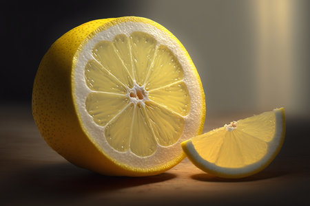 In a close-up shot, a vibrant lemon and a slice of lemon illuminated by natural lighting, highlighting their vibrant colors and refreshing appeal. Generative AI.の素材