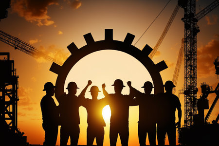 Against the backdrop of a breathtaking sunset, a silhouette of an engineer and a team of workers join hands in celebration, portraying the success and teamwork. Generative AI.の素材