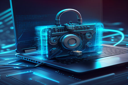 a laptop adorned with a tiny padlock becomes the focal point, surrounded by intricate electronic data lines. The scene evokes a sense of heightened security and advanced technology. Generative AI.の素材