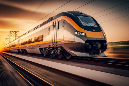 With a touch of artistic motion blur, a high-speed train effortlessly zooms past the railway station during the golden hour of sunset. The modern intercity train commercial transportation. Generative AI.の素材