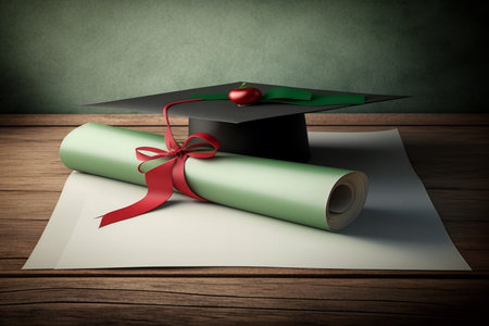Graduation hat, green paper scroll and red ribbon. Generative AI.の素材