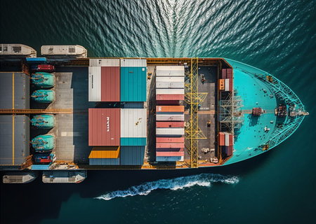 An aerial top view of a container ship in the vast ocean, serving as a vital link for global business logistics, freight shipping, import, export, and international trade. Generative AI.の素材