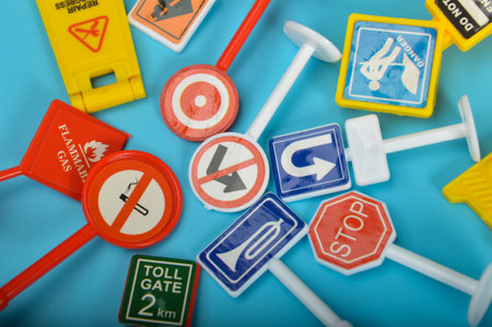 Set of road signs isolated on a blue background
