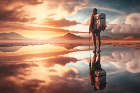 Journey as a man traveler, donning a backpack, gracefully traverses the expansive salt lake at sunset. The tranquil water surface acts as a mirror. Generative AI.の写真素材