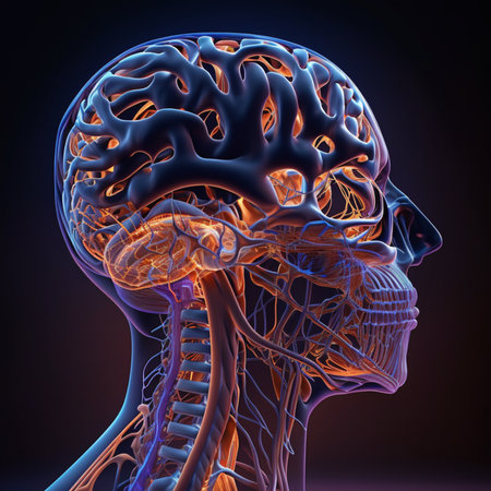 The human head is depicted with vibrant neurons illuminating the brain, symbolizing the concept of a...