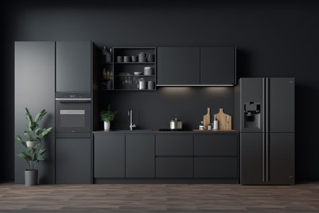 sleek elegance of a dark kitchen interior, featuring an empty grey wall, a panoramic window, a modern sink, a gas cooker, and neatly arranged crockery. The oak wooden floor minimalist design. Generative AI.の素材