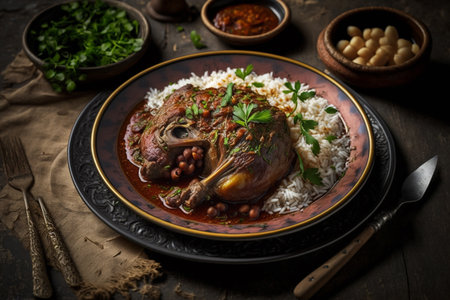Haneeth, a succulent slow-roasted lamb specialty from Yemen, tantalizingly graces the table, aromatic rice. Generative AI.の素材