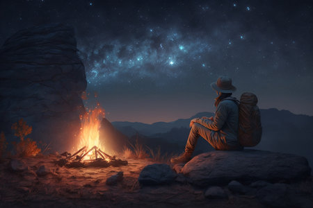 Underneath a celestial canopy of twinkling stars, people relax around a warm campfire, enjoying the tranquility of the night. Generative AI.の素材