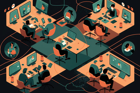 Synergy of social bonds as individuals come together, depicted in an isometric template resembling a dynamic media network. Generative AI.の素材