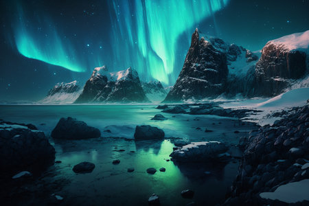 Aurora borealis casts its mesmerizing glow, majestic presence of snowy mountains and the sparkling city lights that paint the night. Generative AI.の素材