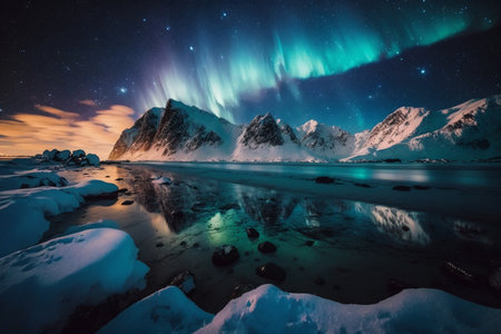 Aurora borealis casts its mesmerizing glow, majestic presence of snowy mountains and the sparkling city lights that paint the night. Generative AI.の素材