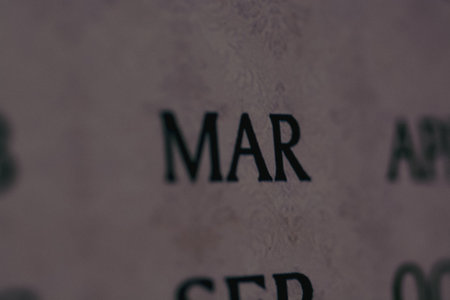 Close-up view of the March month on the calendar.