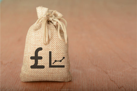 The presence of a money bag, pound symbol, and fluctuating graph raised suspicions of financial instability and potential currency fluctuations, prompting further scrutinyの写真素材