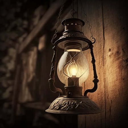 The vintage old lamp, suspended from the ceiling, is the subject of this image, which showcases its intricate features in the gentle embrace of natural lightの素材