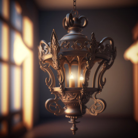 The vintage old lamp, suspended from the ceiling, is the subject of this image, which showcases its intricate features in the gentle embrace of natural lightの素材
