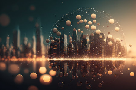the concept of network and internet communication as silhouettes of business people blend into an abstract cityscape, with a double exposure of a blurry network interface."の素材