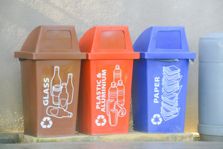 The outdoor recycle bin serves as a designated category for rubbish and waste, promoting environmentally responsible disposal practicesの写真素材