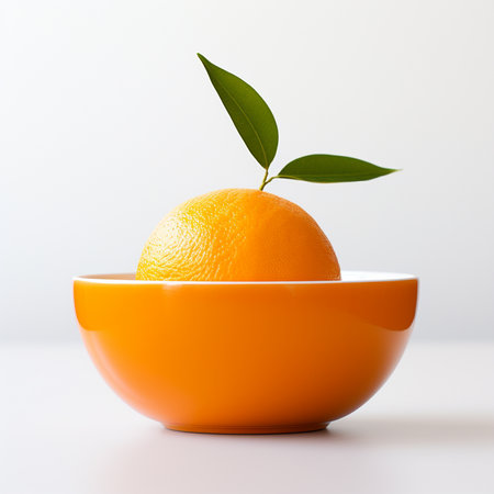 a close-up of an orange fruit in a minimalist white bowl against a bokeh background. Generative AI.の素材