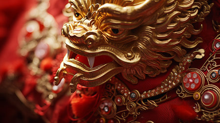 the intricate details of a traditional Chinese New Year dragon dance costume. Generative AI.の素材