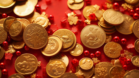 a close-up of red and gold Chinese New Year decorations, such as lanterns, scrolls, and coins. Generative AI.の素材