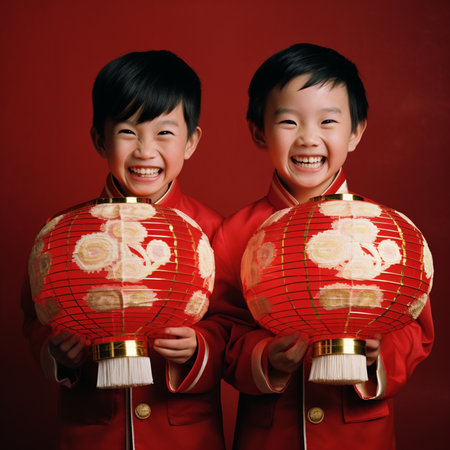 Chinese kids in traditional attire, featuring close-ups of their smiling faces while holding intricately designed lanterns against a bold red backdrop. Generative AI.の素材