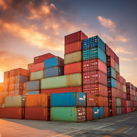 a diverse array of cargo containers at the port representing global trade. Generative AI.の素材