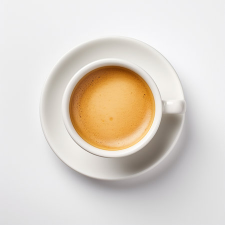 an isolated shot of Espresso in a simple, white espresso cup, showcasing its rich crema. Generative AI.の素材