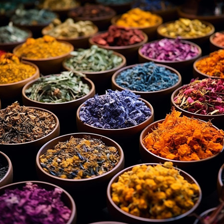 the elegance and richness of dried herbs, Spices and herbs add two important ingredients to your meals: taste and aroma. They make food taste great and smell wonderful. Generative AI.の素材