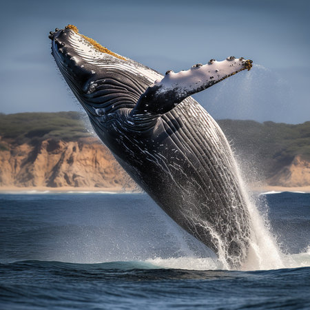 A photograph of a whale breaching out of the water with ocean waves in the background, taken during daytime with clear weather conditions. Generative AI.の素材