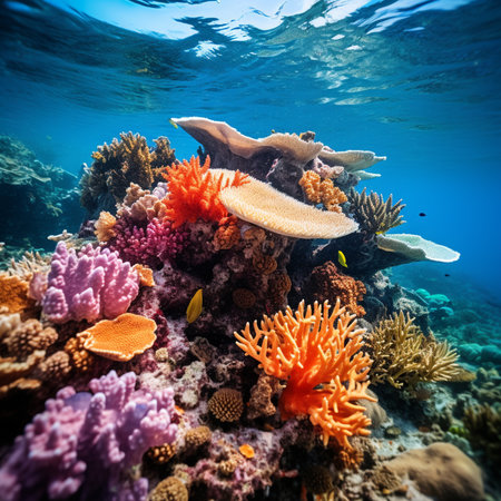 brightly colored coral formations with reef inhabitants amidst the corals, during early afternoon with clear, sunny conditions. Generative AI.の素材