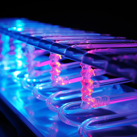 Close-up of DNA gel electrophoresis Action Scene. Gel showing separated DNA bands under UV light Background. Generative AI.の素材