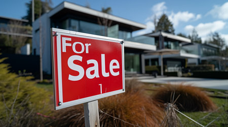 a modern property exterior with For Sale sign, conveying the idea of an available property for potential buyers. Generative AI.の素材