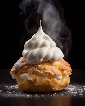 a freshly baked cream puff, showcasing the contrast between the warm pastry and the cool, creamy filling. Generative AI.の素材