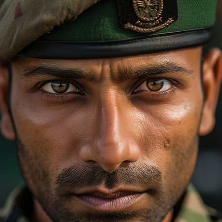 A close-up photograph capturing the determined eyes of a soldier adorned in uniform. Generative AI.の素材