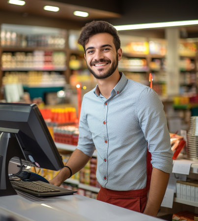 a young man at the checkout counter, smiling warmly while assisting customers, creating a welcoming shopping experience. Generative AIの素材