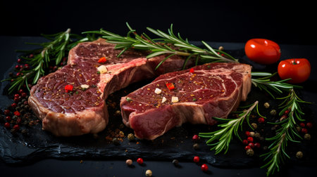 Grilled beef steak with spices, cheese, herbs, and spices. Generative AI.の素材