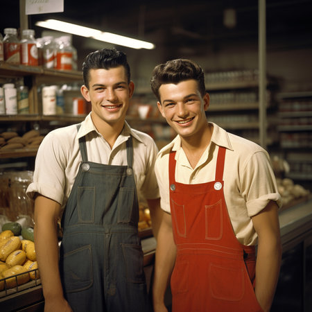 Vintage and retro vibes emanate from the grocery market as smiling young men, embodying an old-fashioned charm. Generative AI.の素材