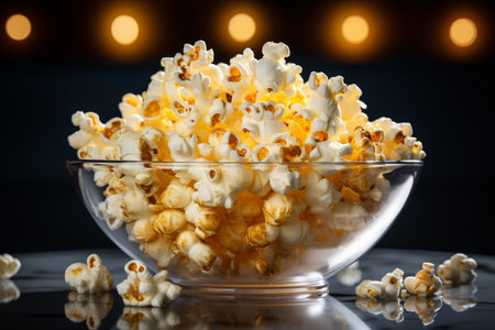 A bowl filled with salted popcorn sits temptingly on the counter, its irresistible aroma wafting through the air. Generative AI.の素材