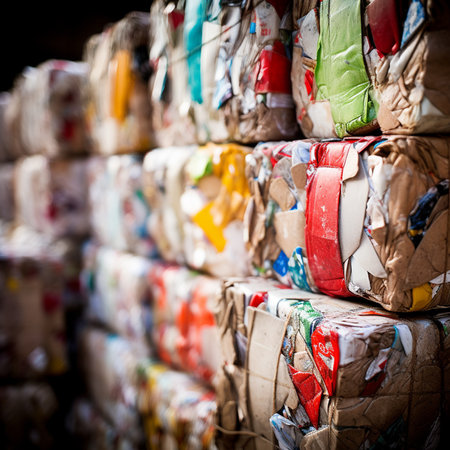 A close-up image of compressed trash bales ready for transportation at a waste management center. Generative AI.の素材