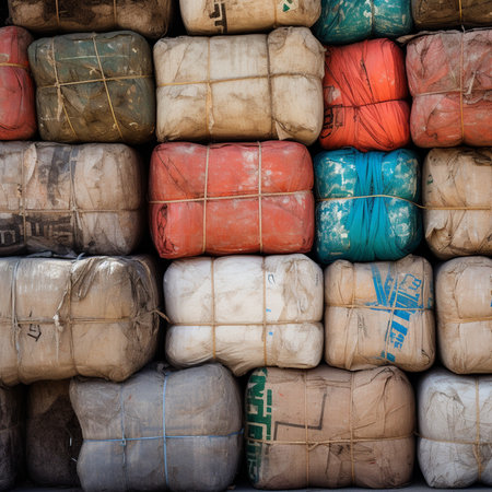 A close-up image of compressed trash bales ready for transportation at a waste management center. Generative AI.の素材
