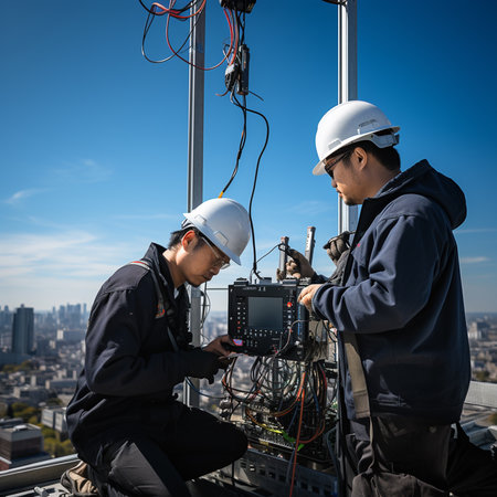 tower technicians inspecting equipment on a broadcast tower with city skyline. Generative AI.の素材
