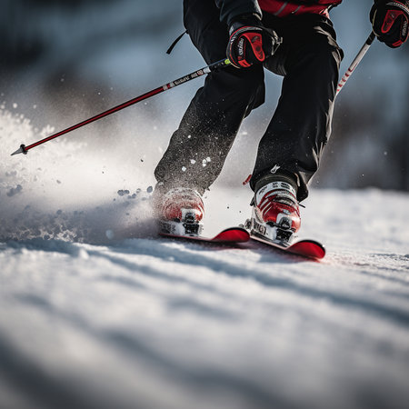 Observe the skier's legs in perfect alignment as they begin their descent down the meticulously groomed ski slope. Generative AIの素材