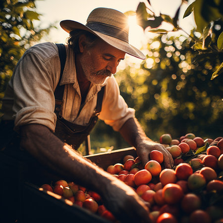 During harvest time, an older man gathers apples from an apple tree in the gardenの素材